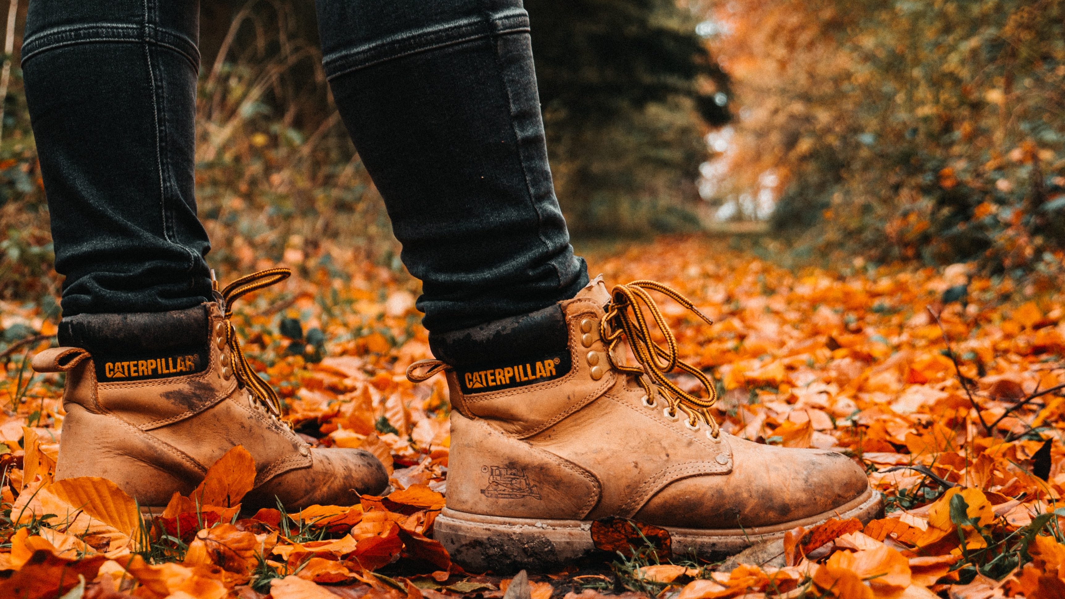 Un gros plan est fait sur des chaussures de la marque Caterpillar. Elles sont beiges, dans une forêt aux feuilles oranges typiques de l'automne.