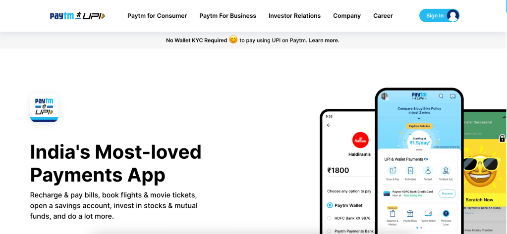 Capture écran de la page d'accueil du site de PayTM